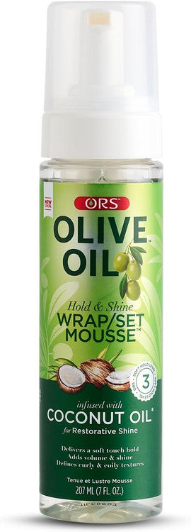 ORS Olive Oil Hold & Shine Wrap/Set Mousse with Coconut Oil For Restorative Shine Shine