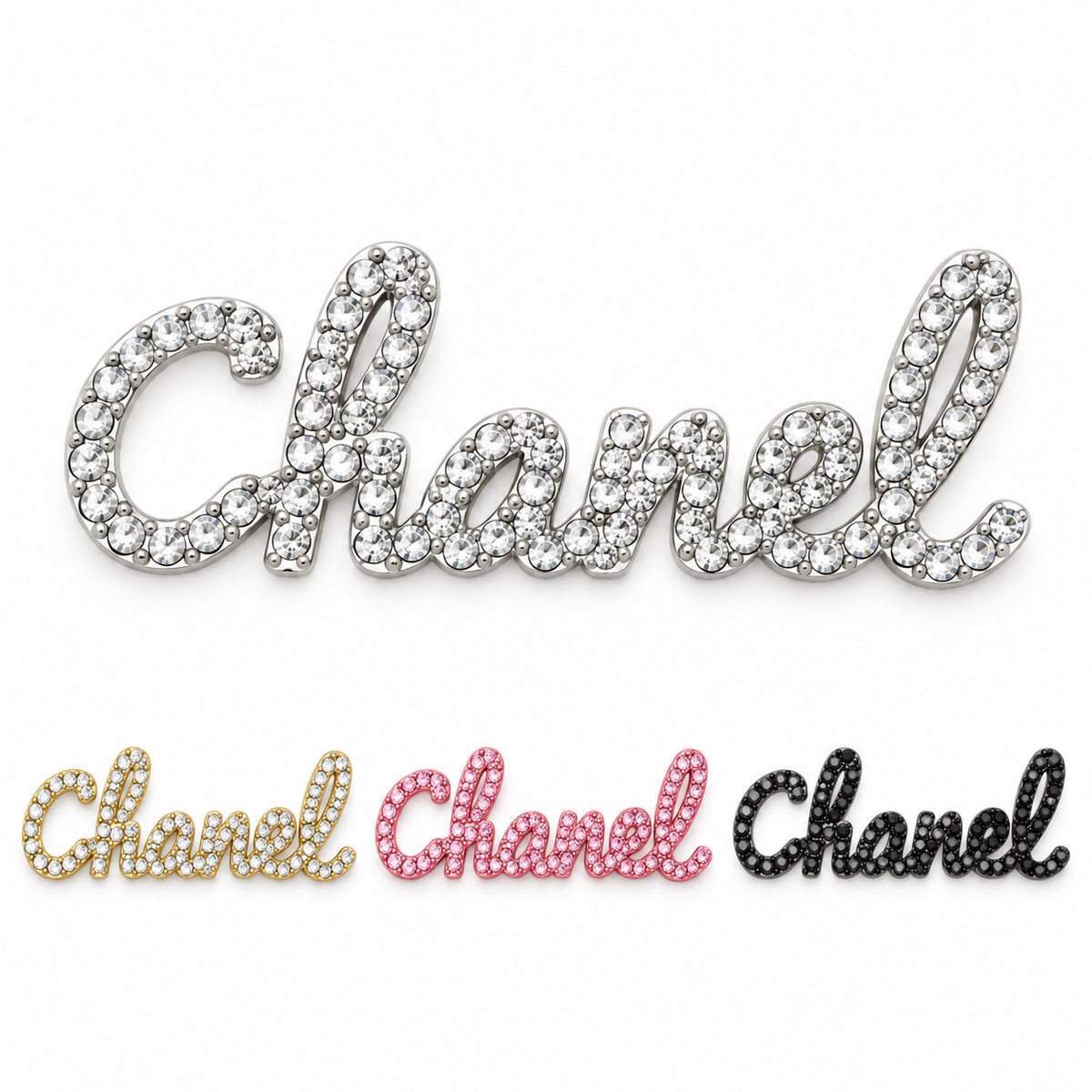 Chanel-style nameplate rhinestone charm